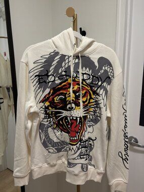UNISEX BNWT Ed Hardy Tiger Snake Graphic Pullover Hoodie in Ivory SZ SMALL